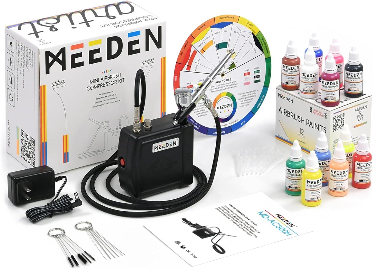 Airbrush Kit with Air Compressor, 12 Colors Acrylic Paint( Black)